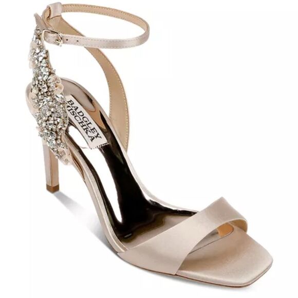 Badgley Mischka Tisha Embellished Heeled Sandals in Nude Satin New Size 8